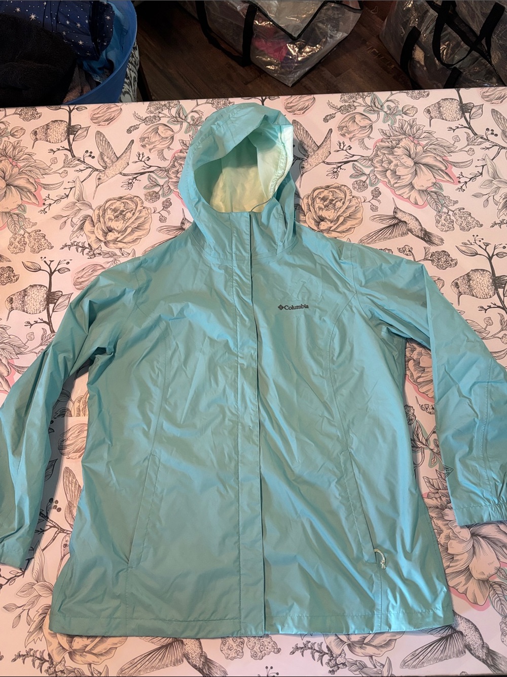 Columbia Women's Light Teal Hooded Packable Rain Jacket